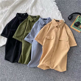 Cargo Shirts Men Simple Summer Harajuku Clothes Japanese Unisex Big-Pockets Vintage Handsome Preppy Teens Business Camisa Trendy