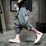 2023 Summer harajuku harem pants men calf-length wide leg trousers streetwear casual sweatpants vintage cotton men's pants