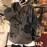 Autumn and winter Korean style trend plus fleece hooded sweater men graffiti hip-hop all-match loose printed coat couple sweater