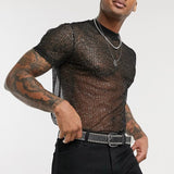 Sexy Men's Sequins T-shirt Top Round Neck Short Sleeve Sequin Transparent Mesh T Shirts Summer Male Club Party Tshirts Camiseta