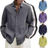 Spring Summer Men's Long Sleeve V-Neck Loose Button Cotton Linen Shirt Shirt Men Fashion Casual Commuter Top