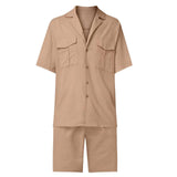 Men's Summer Casual Loose Two Piece Sets Beach Solid Workwear Pocket Linen Man Suit Short Sleeve Button Shirt And Shorts Outfits