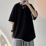 2023 Summer Solid Casual Loose Tess T-Shirts Men'S Top Simple Breathable Waffle Pullover Short Sleeve Sport Fake Tow Pieces