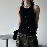 Niche Design Vests Men's Knitting Tank Top Metal Irregular Breasted Sleeveless T Shirt Solid O Collar Male Punk Rock Streetwear
