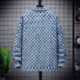 Mens Fashion Jacquard Plaid Denim Jacket Spring and Autumn Loose Casual Couple Clothes Personality Japanese Streetwear