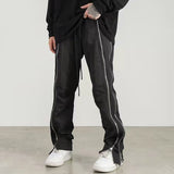 Harajuku Both Side Double Zipper Pockets Vibe Style Mens Track Pants High Street Straight Oversized Drawstring Casual Trousers