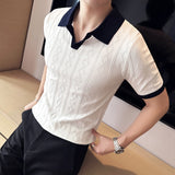 Hot Sale Summer Short Sleeve Striped Polo Shirts For Men Clothing 2023 Turn Down Collar Slim Fit Casual Knit Tops&Tees White 3XL