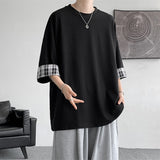 Plus Size 5XL Summer Men's T-shirts Korean Style Couple Loose Plaid T-shirt Oversized Casual Seven sleeves T-Shirt Male Black
