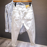 New White Jeans Men All-match Fashion Ripped Hole Slim Stretch Harem Pants Comfortable Male Streetwear Denim Trousers