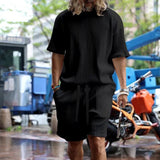 Fashion Summer Men Suit Solid Color Rib Loose Casual Short-sleeve T-shirt + Stretch Shorts High-Quality Streetwear Two-Piece Set