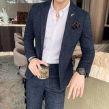 (Jacket+Pants) Fashion Men's Pure Color Leisure Suits Gray Blue Black Slim Fit Men Business Banquet Suit Set Plus Size 3XL 4XL