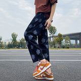 2023 Summer Men's Flower Printing Streetwear Casual Pants Elastic Waist Loose Sweatpants Black/Brown Color Trousers M-5XL