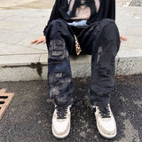 Embroidered patch hole straight jeans men and women stitching jogging pants trend loose wide leg hip hop trousers hot sale ins