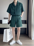 Summer Fashion Suits Men Classic Casual Collar Short Sleeve Shirt + Elastic Waist Shorts Business Casual Two-piece Set