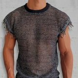 Men Summer Hollow Knit Vest Sleeveless O Neck Basic Pullover Tee for Man Casual Tassel Solid T Shirt 2023 Mesh See Through Top