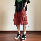 2023 Summer Men's Ice Silk Fabric Casual Streetwear Work Shorts Fashion Trend Black/Red Color Loose Cargo Shorts  M-2XL