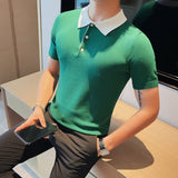 Black/Green Summer Turn Down Collar Breathable Short Sleeve Polo Shirt For Men Clothing 2023 Business Slim Fit Knit Tees Homme