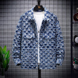 Mens Fashion Jacquard Plaid Denim Jacket Spring and Autumn Loose Casual Couple Clothes Personality Japanese Streetwear