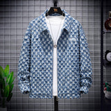 Mens Fashion Jacquard Plaid Denim Jacket Spring and Autumn Loose Casual Couple Clothes Personality Japanese Streetwear