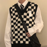 New Autumn Arctic Velvet Checkerboard Pattern Men's Sweater Vest Retro V-neck Sleeveless Knit Vest Woolen Korean Clothes