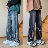 Ilooove Men's Tie-dyed Straight Jeans Hip Hop Neutral Denim Trousers Loose Wide Leg Street Cargo Pants Man chain Baggy Jeans Large 5xl