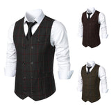 Ilooove Men Business Waistcoat Sleeveless Pockets Single Breasted Slim Fit Suit Vest Coat Plaid Print Work Waistcoat