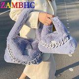 Fashion Chain Women's Faux Fur Totes Warm Furry Plush Shoulder Bags 2 Size Purse and Handbags Luxury Brand Winter Top-handle Bag