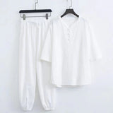 Spring Summer New Men's Fashion Casual Solid  Short Sleeve T-Shirt Pant Suit Men High-Quality Cotton And Linen Two-Piece Set 5XL