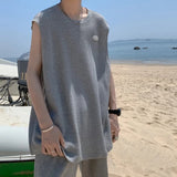 Spring Summer Casual Pullover Shirt Tess Vest Men's Loose Sleeveless Cool Boy Versatile Sports Tops Solid Alphabet Print Waffle