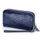 Fashion Floral Genuine Leather Women Clutch Purse Double Zipper Card Holder Wallets Female Wristlet Clutches Phone Purse Bag