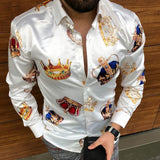 Spring and Autumn Men Casual Fashion Crown Flower Print Long Sleeve Turn-down Collar Silky Shirt