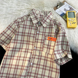 Plaid Shirts Men Baggy Teens Vintage Harajuku Clothing Summer Couple Fashion Kpop Aesthetics Camisas Preppy Casual Handsome INS