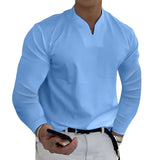 Men Tops Solid Color Slim Fit Long Sleeves Pullover Colorfast V Neck Casual Autumn Shirt Men Clothes Men's T-Shirts