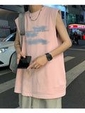 Cloud Print Cotton Vest Men's Summer Trend Large Size Tees Hong Kong Style Hip-hop Sleeveless T-shirt Men's Pink Vest