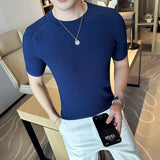 Summer Ice Silk Short Sleeve Knitted T-Shirts For Men Clothing 2023 Business Casual Slim Fit Elastic Tops&Tees Homme Black/White