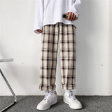 Plaid Pants Men Linens Korean Checked Trousers Male Streetwear Fashion Bottoms Summer Wide Leg Pants Harajuku Breathable