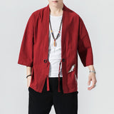 2023 Summer Men's Cotton Blends Linen Open Front Cardigan Embroidery Kimono Jackets