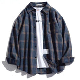 Spring and Autumn Men's Trendy Casual Loose Long-sleeved Retro Plaid Shirt