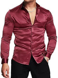 Men's luxurious shiny silk satin dress shirt Long sleeved casual slim muscle button-down shirt Plus size S-3XL