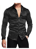 Men's luxurious shiny silk satin dress shirt Long sleeved casual slim muscle button-down shirt Plus size S-3XL