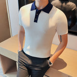British Style Summer Short Sleeve Knitted Polo Shirts For Men Clothing 2023 Business Casual Slim Fit Striped Tees Homme 4XL-M