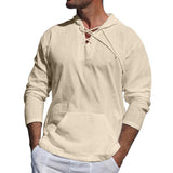 Men Hoodie Solid Color Hooded with Hat Breathable String Long Sleeves Lace Up Pullover Lightweight  Men Tops Men Clothes