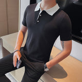 Black/Green Summer Turn Down Collar Breathable Short Sleeve Polo Shirt For Men Clothing 2023 Business Slim Fit Knit Tees Homme