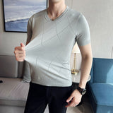 Summer Breathable Short Sleeve Knitted T Shirts For Men Clothing 2023 Round Collar Slim Fit Casual Elastic Tee Shirt Homme 3XL