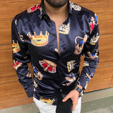 Spring and Autumn Men Casual Fashion Crown Flower Print Long Sleeve Turn-down Collar Silky Shirt