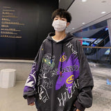 Autumn and winter Korean style trend plus fleece hooded sweater men graffiti hip-hop all-match loose printed coat couple sweater