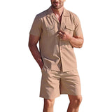 Men's Summer Casual Loose Two Piece Sets Beach Solid Workwear Pocket Linen Man Suit Short Sleeve Button Shirt And Shorts Outfits