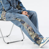 2023 New Men's Jeans Baggy Bear Printed Wide Leg Pants Men's Hip Hop Street Loose Denim Pants Elastic Waist Lace Up Casual Pants