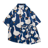 American Casual Suit Men Cartoon Animal Duck Goose Print Oversize Top Loose Shirt Shorts Two-piece Set Summer Streetwear Unisex