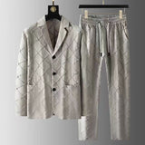 Spring Autumn Men Blazer Suit Long Sleeve Solid Jacket Drawstring Pants Vintage Lattice Casual Korean Slim Fashion Two-piece Set